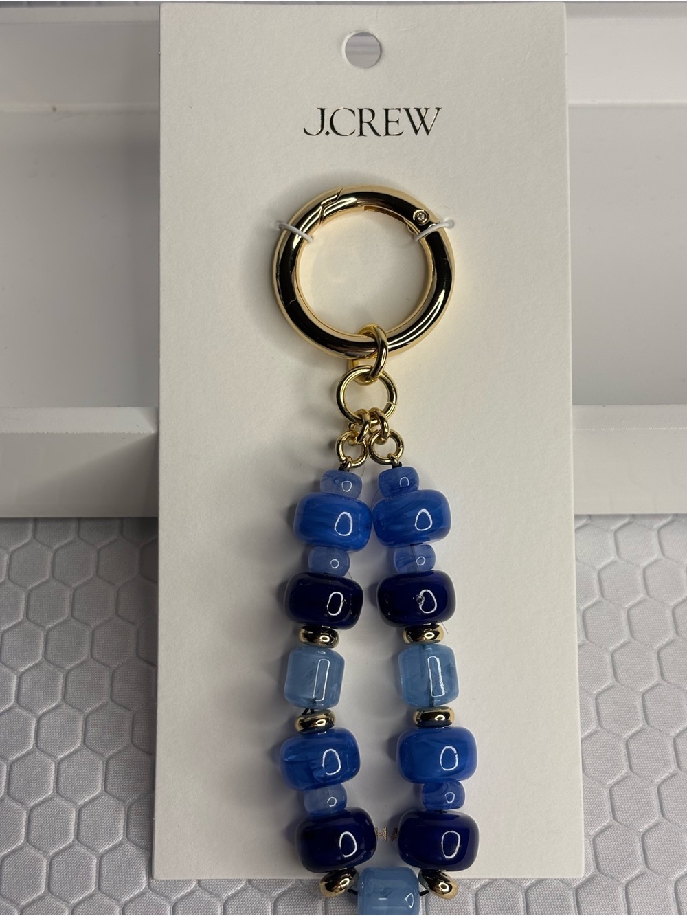 J.Crew Gold Ring Keychain with Gradient Glass Blue Beads NWT